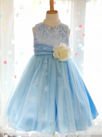 白い花柄レースドレス　水色